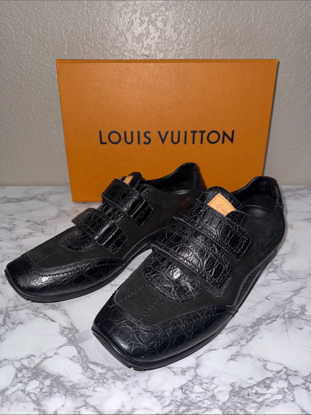 Authentic Louis Vuitton Black Leather & Suede Double-Strap Loafers size 39.5